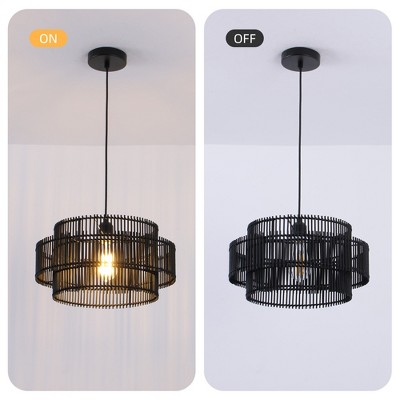 HBEZON 16'' 2-Tier Pendant Light, Height Adjustable Hanging Lamp for Kitchen Island, Dining Room, Bedroom, Natural Bamboo