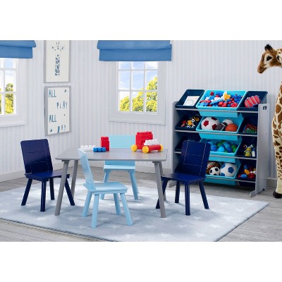 Gray and Blue Wooden Kids Toy Storage Organizer with 12 Plastic Bins