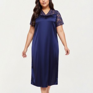 Anna-Kaci Lounge Women's PLus Size Satin Nightgown with Delicate Lace V-Neck Short Sleeves and Soft Flowing Silhouette - 1 of 4