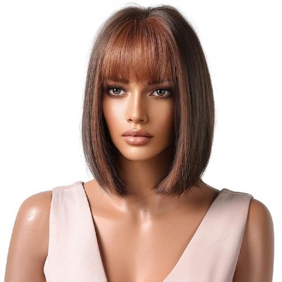 Jessie's Wig 10 Inch Short Bob Wig With Bangs Synthetic Hair Brown Highlight 1 Pc/Pack