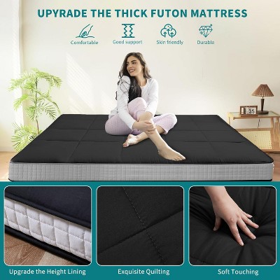 Child sitting on thick black futon mattress with features icons