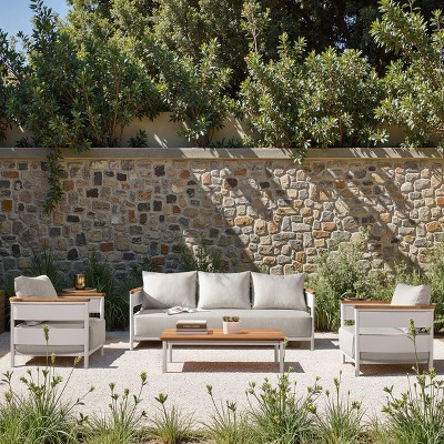 FIONECA 2-Piece Teak & Aluminum Outdoor Sofa with Coffee Table, Modern Patio Conversation Set with Cushions for Garden & Backyard