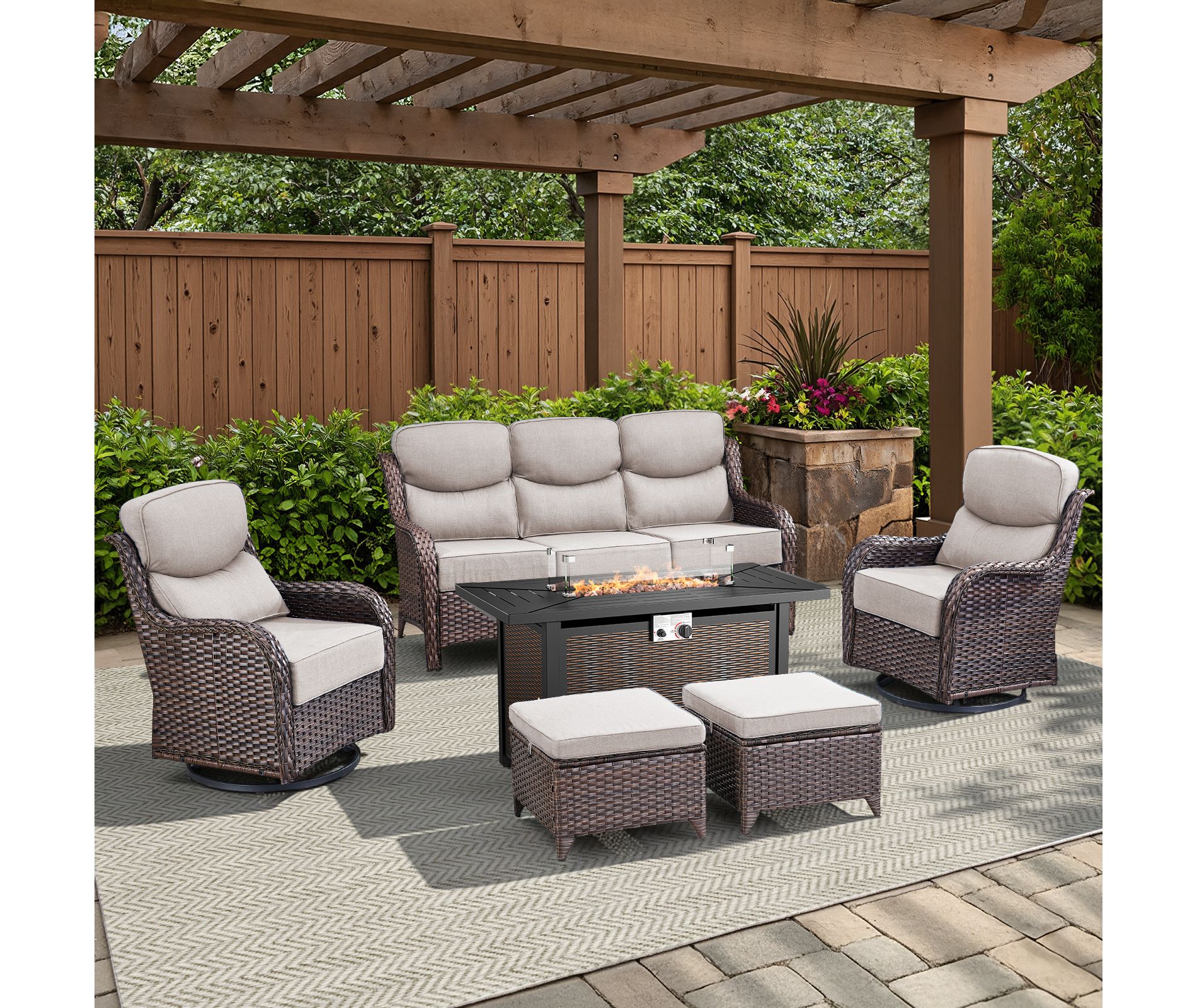 Belord All Weather Wicker Patio Furniture Set 6 Pieces, 6-INCH Extra Thick Cushion Outdoor Patio Firepit Set with Patio Sofa Swivel Chair and Ottoman