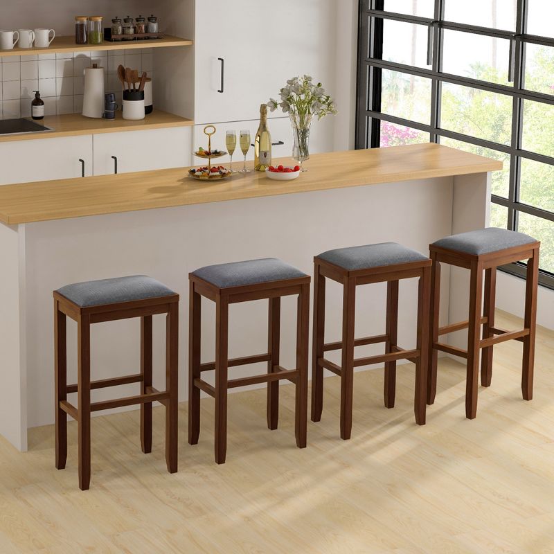 Costway Set of 2 Upholstered Bar Stools Wooden Counter Height Dining Chairs Brown, 4 of 10