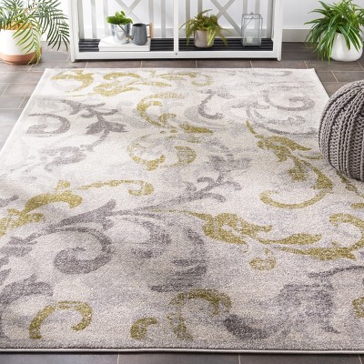 Ivory and Light Grey Floral Scroll Synthetic Area Rug