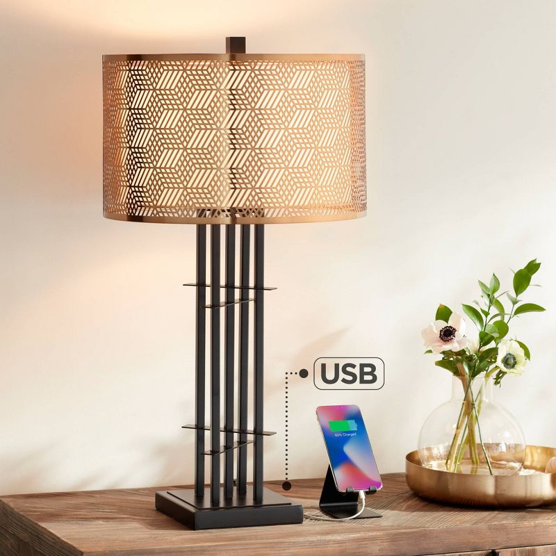 Possini Euro Design Deborah Modern Mid Century Table Lamp 30" Tall Black with USB Charging Port Gold Metal Double Drum Shades for Living Room Desk, 2 of 10