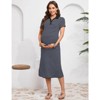 Womens Maternity Maxi Dress Short Sleeve Collar Button Down Split Hem Striped Dress - 4 of 4