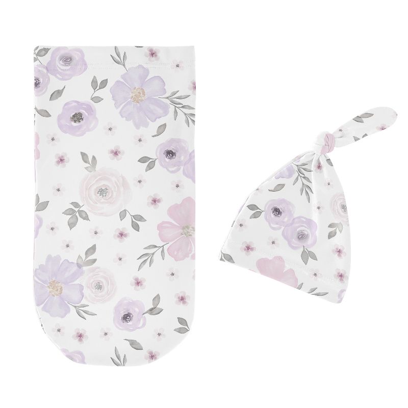 Sweet Jojo Designs Girl Baby Cocoon and Beanie Hat Swaddle Wrap Watercolor Floral Purple Grey and Pink 2pc, 3 of 7