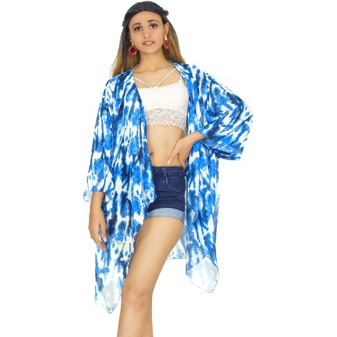 LA LEELA Women Summer Loose Casual Vacation Beachwear Mini Bathing Suit Cover Top Dress Holiday Swimwear Coverups Duster L-XL Blue, Tie Dye Design - image 1 of 4