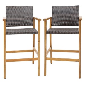 Tangkula Patio Rattan Bar Stool Set of 2 Outdoor PE Wicker Bar Chairs w/ Armrests & Sturdy Footrests - 1 of 4