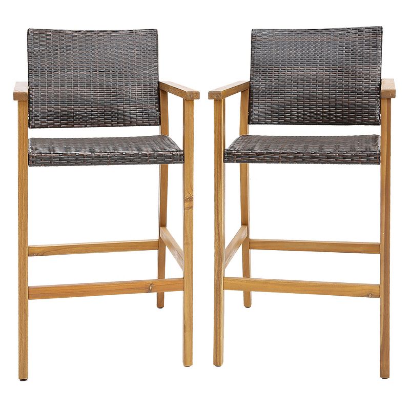 Tangkula Patio Rattan Bar Stool Set of 2 Outdoor PE Wicker Bar Chairs w/ Armrests & Sturdy Footrests, 1 of 10