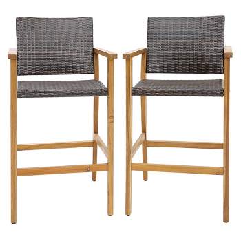 Tangkula Patio Rattan Bar Stool Set of 2 Outdoor PE Wicker Bar Chairs w/ Armrests & Sturdy Footrests