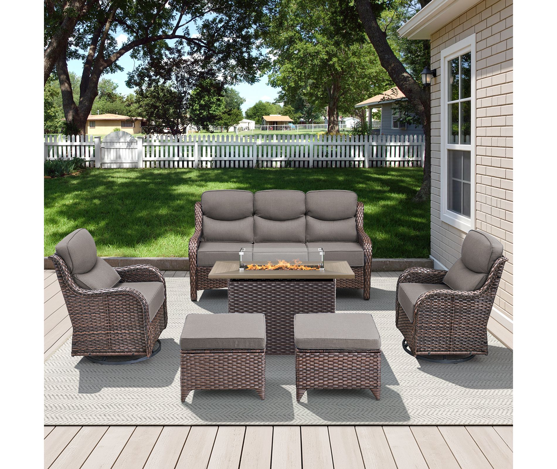 Belord All Weather Wicker Patio Furniture Set 6 Pieces, 6-INCH Extra Thick Cushion Outdoor Patio Firepit Set with Patio Sofa Swivel Chair and Ottoman