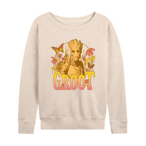 Women's - Marvel - Guardians of the Galaxy Groot Florals Lightweight French Terry Wide Neck Long Sleeve Shirt - 1 of 4