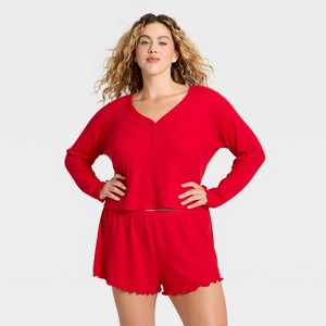 Women's Waffle Long Sleeve Top and Shorts Pajama Set - Wild Fable™ - 1 of 3