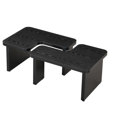 Vynxaria Detachable Rectangle Wood Coffee Table in Black - L Shape for Dining & Garden