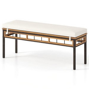 Costway 48” Wicker Patio Bench with Acacia Wood Seat Removable Padded Cushion for Garden - 1 of 1