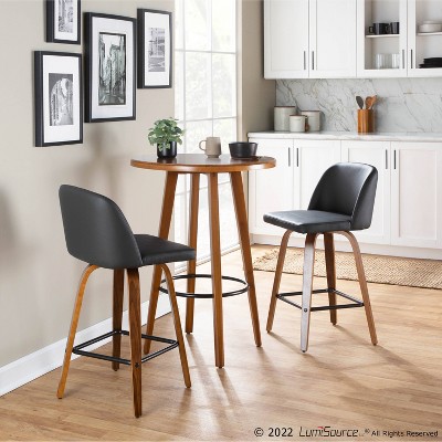 Set of 2 Black Faux Leather and Walnut Wood Swivel Barstools
