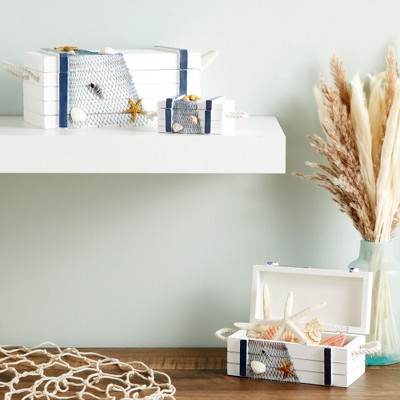 Nautical White and Blue MDF Rectangular Jewelry Boxes Set