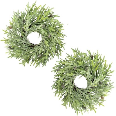 AuldHome Design Artificial Christmas Wreaths (2pk, 15in); Evergreen Flocked Greenery w/ Pinecones for Doors and Windows, Indoor/Outdoor