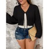 Coolmee Women's Plus Size Crochet Hollow Out Tie Front Long Sleeve Scallop Trim Crop Cardigan Sweater - 4 of 4