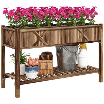 Outsunny Wooden Raised Planter Box, 47 x 22 x 31.5in Raised Flower Bed with Storage Shelf, Drainage Holes and Liner