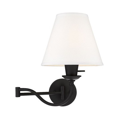 Adjustable Black Stainless Steel Swing Arm Wall Sconce with Off-White Linen Shade