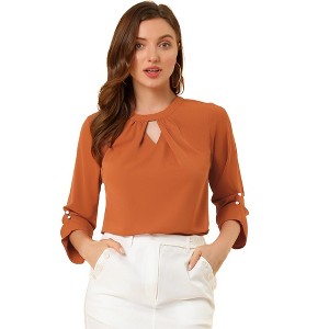 INSPIRE CHIC Women's Work Office Keyhole Pleated Front Ruched 3/4 Sleeve Chiffon Blouse - 1 of 4