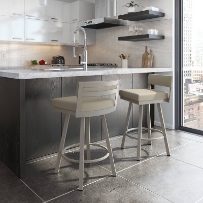 Greige Faux Leather 34'' Swivel Counter Stool with Grey Metal Frame