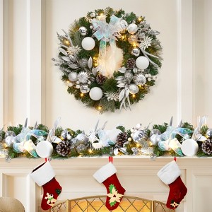 Pre-Lit Artificial Christmas Wreath with Silver White Ball Ornaments Pine Cones, Ribbon Bow, Outdoor Lighted Christmas Wreath for Front Door - 1 of 4