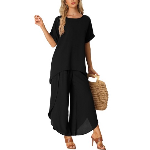 cheibear Women's Casual Short Sleeve Loose Fit Sleepshirt with Long Pants  2-Piece Loungewear Sets Black Small