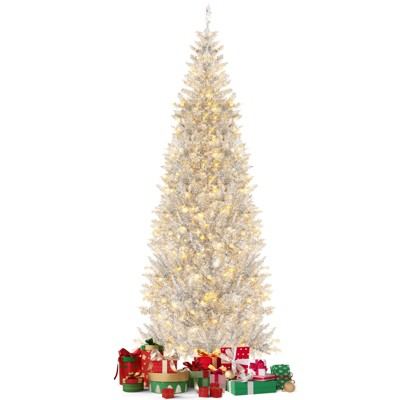 Tangkula 6/7 FT Pre-lit Artificial Christmas Tree Hinged Xmas Pencil Tree with 790/1030 Branch Tips 300/400 Warm White LED Lights
