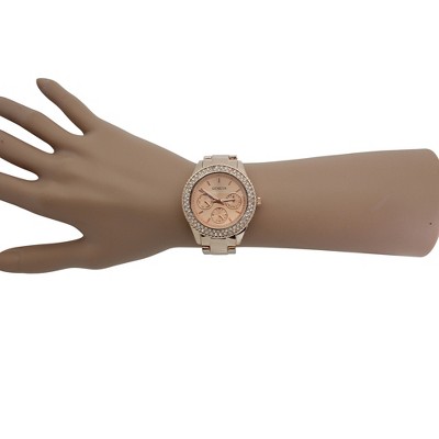 OLIVIA PRATT RHINESTONE BEZEL 3-DIAL METAL WATCH