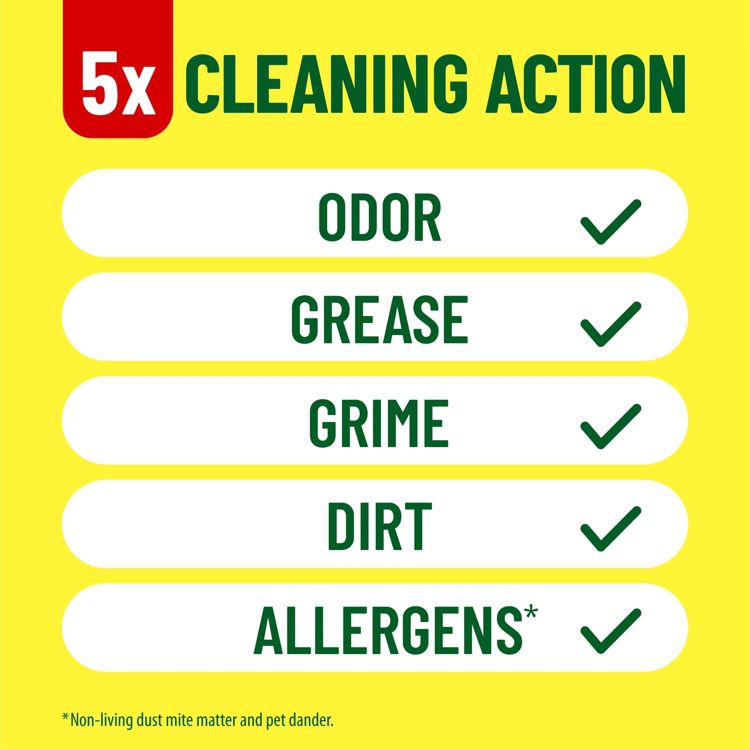Chart with "5x CLEANING ACTION" highlighting odor, grease, grime, dirt, and allergens with check marks.
