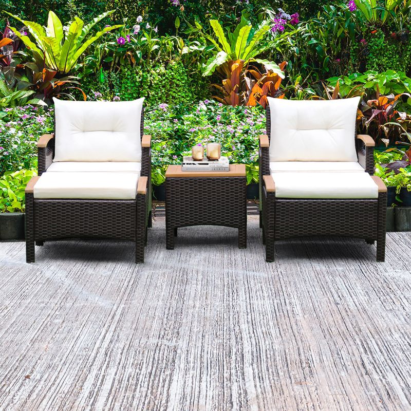 Tangkula Outdoor Patio 5PCS Rattan Conversation Furniture Set Acacia Wood Frame Chair with Coffee Table & 2 Ottomans for Backyard&Poolside, 3 of 11