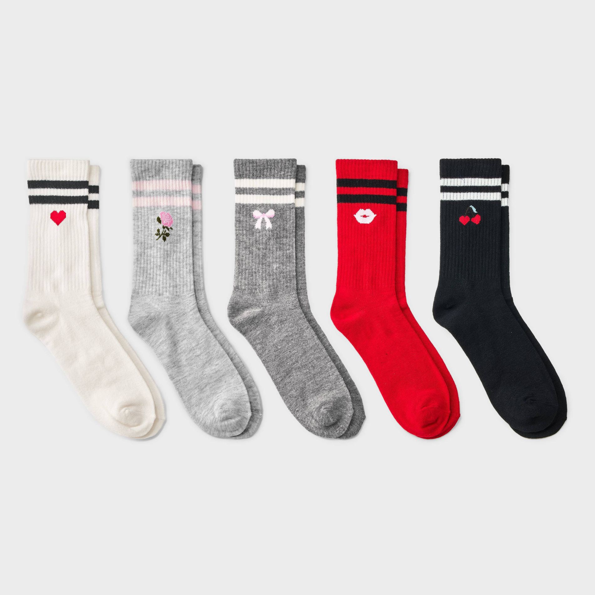 Women's Sporty Icon Ribbed Valentine's Day 5pk Crew Socks - Wild Fable™ Assorted Colors 4-10