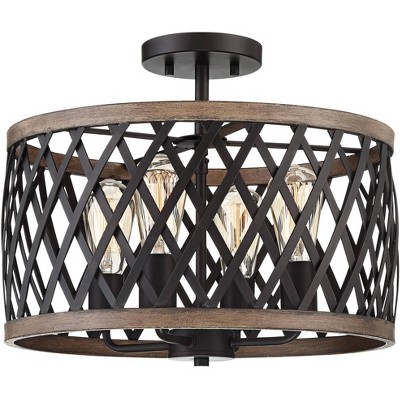 Franklin Iron Works Rustic Farmhouse Ceiling Light Semi Flushmount Fixture Bronze Woodgrain 16" Wide 4-Light Open Cage for Bedroom