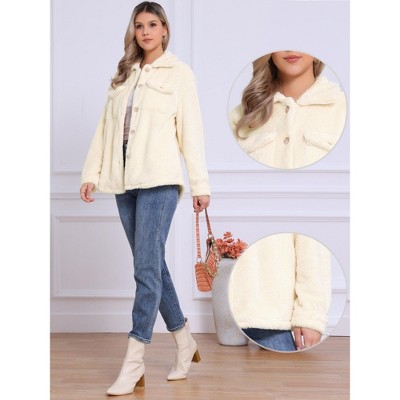Женские куртки INSPIRE CHIC Women's Faux Fur Lapel Collar Button Down Outerwear Fleece Jacket Large Beige — фото 2