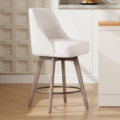 Bekrvio 26" Swivel Bar Stools Set 1/2/3/4 with Solid Wood Legs, 3.15” Linen Upholstered Seat with Back, Mid-Century Bar Chairs for Kitchen Island