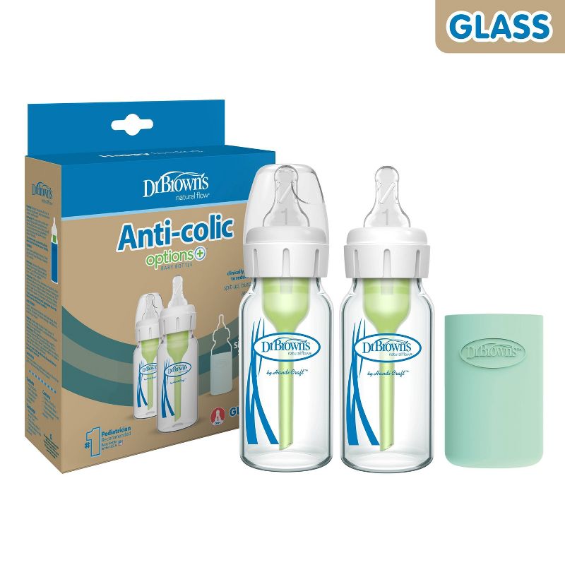Dr. Brown&#39;s 4oz Anti-Colic Options+ Narrow Glass Baby Bottle with Level 1 Slow Flow Nipple &#38; Silicone Sleeve - 2pk, 4 of 23
