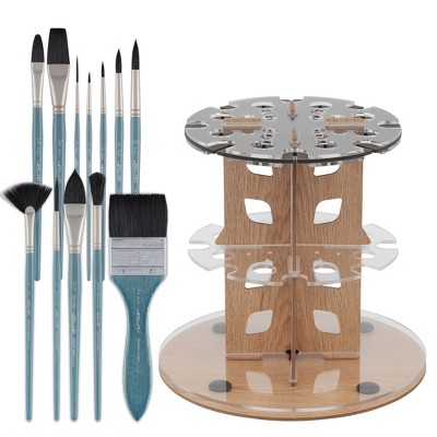 Mezzo Rotating Paint Brush Storage Rack with Mimik Squirrel Professional Watercolor Brushes Set of 12 High Color Load Synthetic Squirrel Brush Set