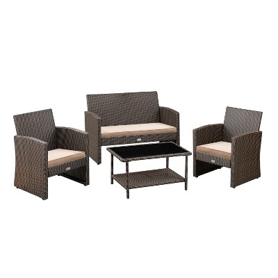 Balkene Home Ashville Conversation Wicker Patio Sofa Set for Lawn Porch Outdoor - Sofa, Table, Two Armchairs & Cushions Included