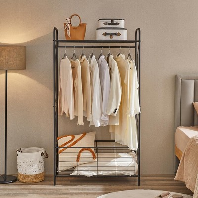 GustoWave Rolling Garment Rack, Coat Rack Wardrobe, Freestanding, Heavy-Duty Metal Clothes Rack with Hanging Bar, Metal Basket, Open-Style Wardrobe