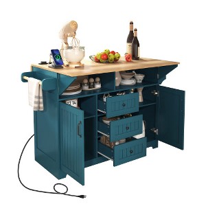 LunaLulinlk 55.7'' Large Kitchen Island with 2 Drop Leaf,, Rolling Kitchen Cart on 5 Wheels with Power Outlet - 1 of 4
