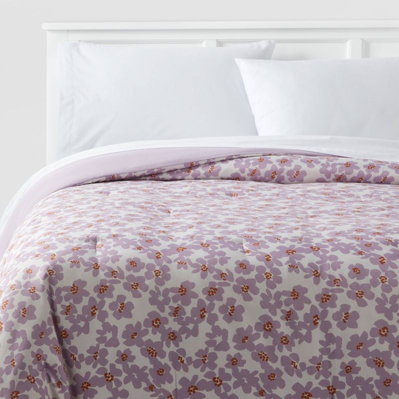Reversible Microfiber Printed Comforter Ivory/Light Purple Floral - Room Essentials™, 1 of 6