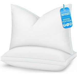 HEYCUZI Goose Feather Down Pillows - Hotel Soft Bed Pillows Queen Size Set of 2 for Sleeping, 100% Cotton Cover Fluffy Support Gusseted Pillow White - 1 of 4