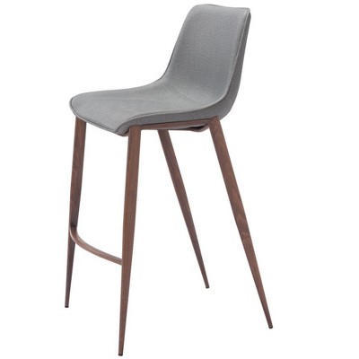 HomeRoots Set of Two 30" Slate Gray and Brown Faux Leather and Steel Bar Height Bar Chairs