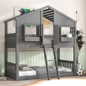 RISOKEYS Twin over Twin House Bunk Bed - Wood  Bunk Bed with Roof, Window, Window Box, Door, Safety Guardrails and Ladder for Girls Boys - 1 of 4