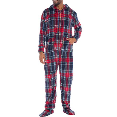 ADR Men's Hooded Footed Adult Onesie Pajamas Set, Plush Winter PJs with  Hood Blue Christmas Plaid Footed Small