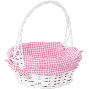 Vintiquewise White Round Willow Gift Basket, with Gingham Liner and Handle